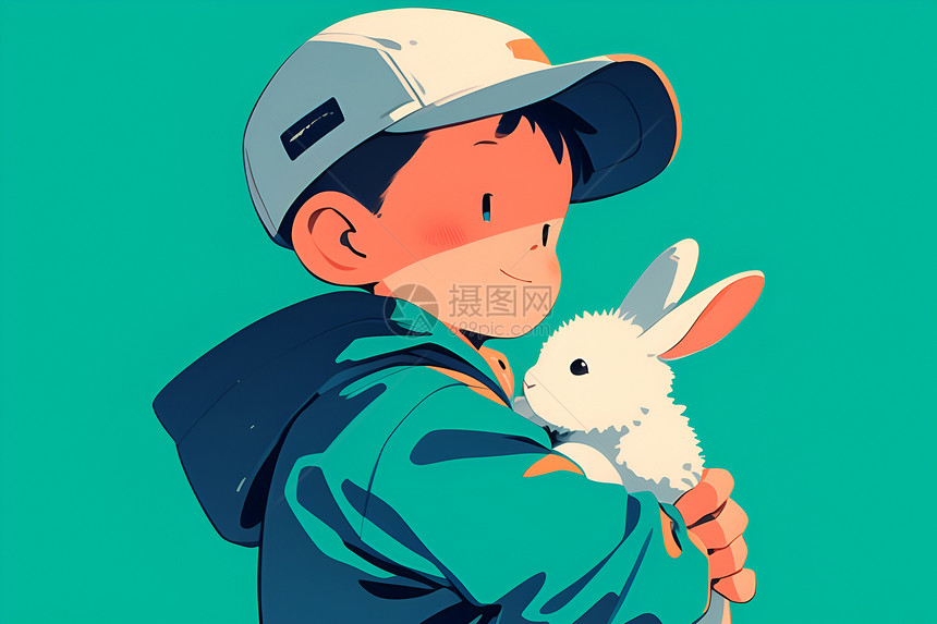 男孩抱着兔子图片