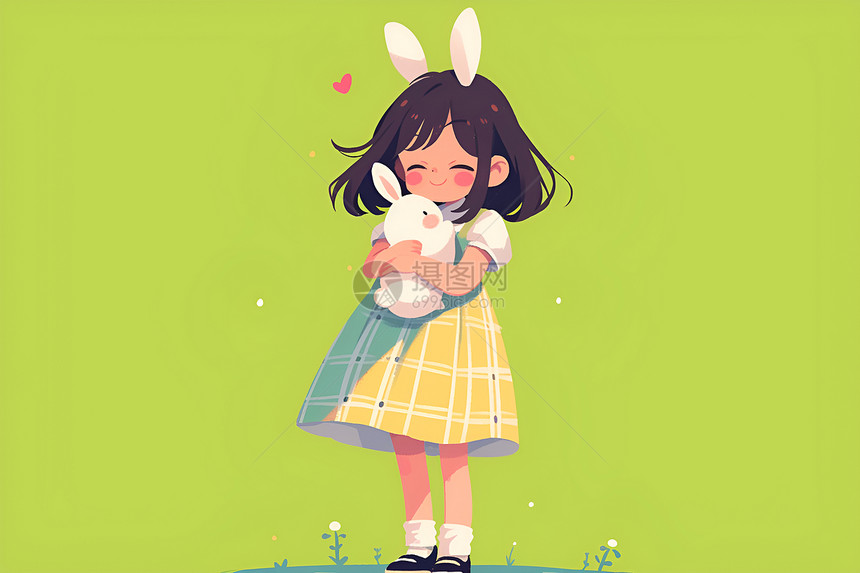 女孩抱着一只小白兔图片