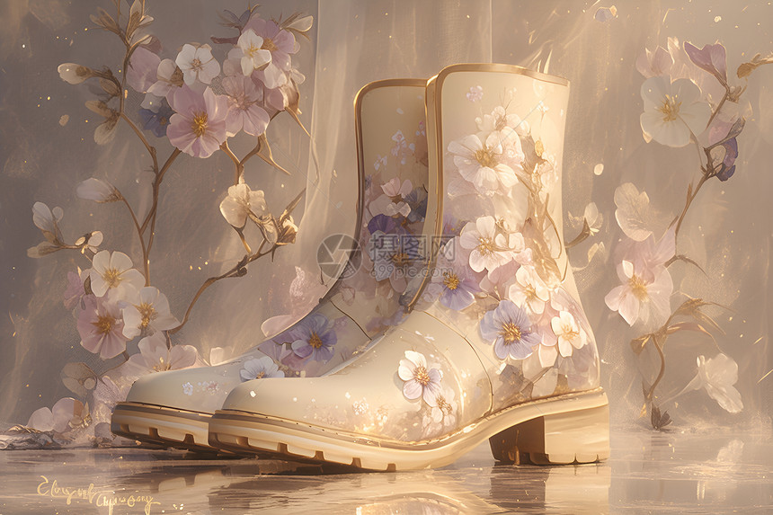 花朵搭配白色靴子图片