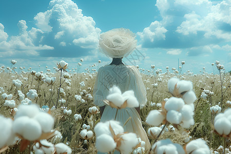 棉花田中的白衣少女背景图片