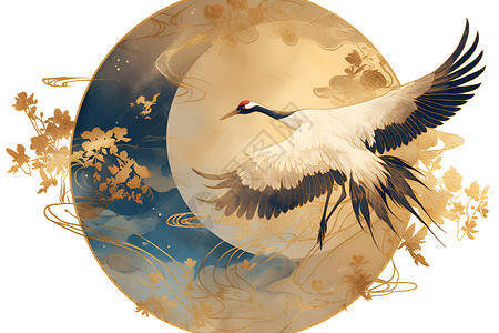 翱翔的仙鹤翱翔于明月下的红冠鹤插画