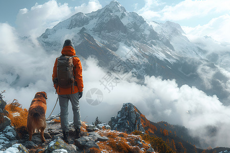 人和狗站在山顶上眺望背景图片