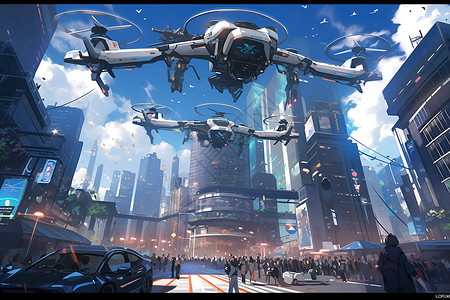 无人机城市未来都市中的无人机插画