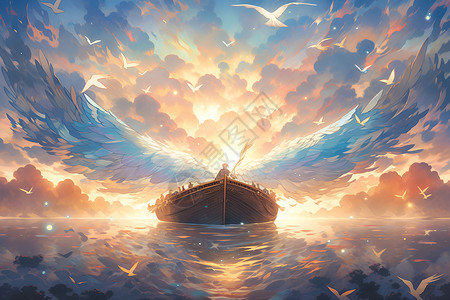 油画水的素材神秘仙舟驶过云海插画