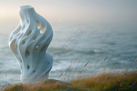 海白螺白雕塑在海崖草坡上插画