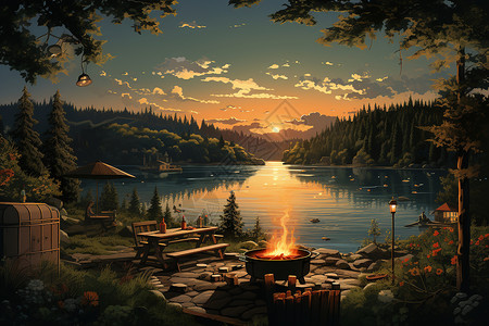 好看的烧烤架湖边烧烤的宁静氛围插画