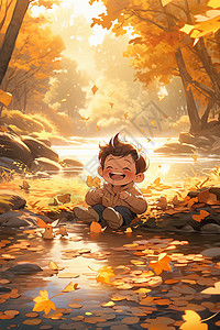 秋日里河畔的男孩背景图片