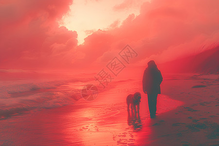 黄昏和反射水面沙滩漫步的人与狗插画