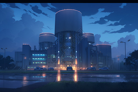 夜幕下的核反应堆光芒璀璨背景图片