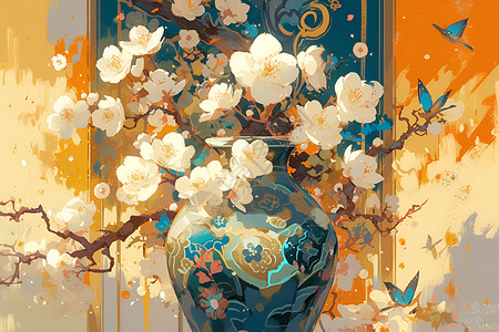 白梅花和花瓶背景图片