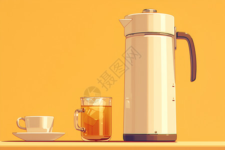 淡黄色背景下的茶壶和杯子背景图片