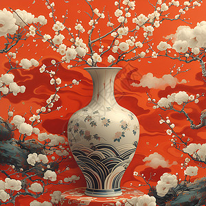 古典鲜花素材花瓶中白花和红墙插画