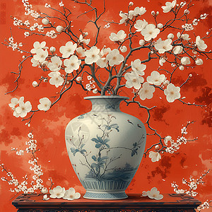 花瓶与白色梅花的艺术结合背景图片