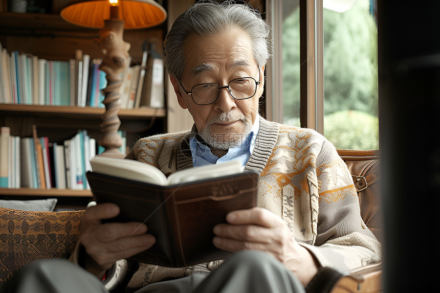 老年男性坐在书房里阅读图片