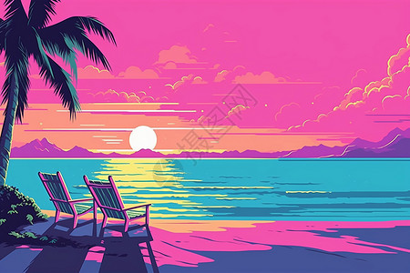 粉风景唯美粉色沙滩插画