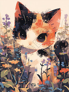 猫儿立于花草丛中背景图片