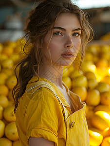 女孩清洗水果穿着黄色T恤的女人背景