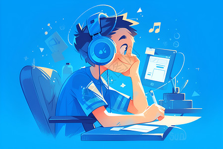 电脑听音乐青少年用耳机微笑坐在桌子前面听音乐插画