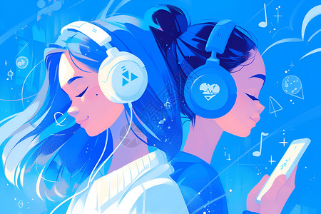 蓝色耳机素材青少年听音乐插画