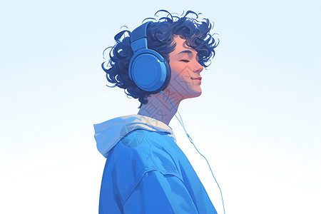 蓝色耳机素材听音乐的青年插画