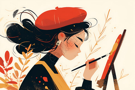 平面绘画女孩戴着红帽子手持调色板和画笔插画