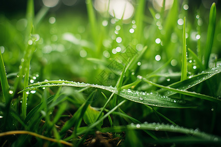 草叶上水滴清晨的草地上一片绿意盎然水滴挂在草叶上背景