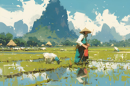 翠绿稻田中的牧羊女背景图片