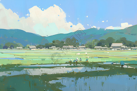 山水稻田美丽的山水风景插画