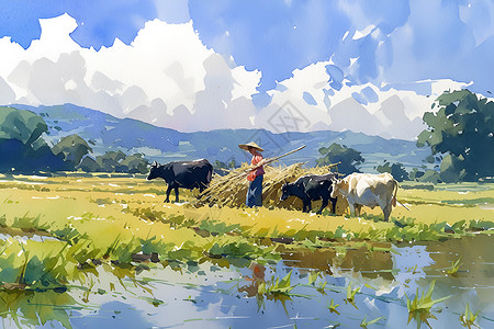 稻田中的农民与牛群插画