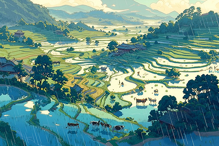 水彩世界描绘的乡村风景背景图片