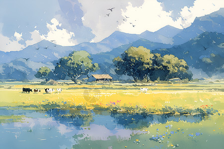 美丽山水风景山水牧场插画