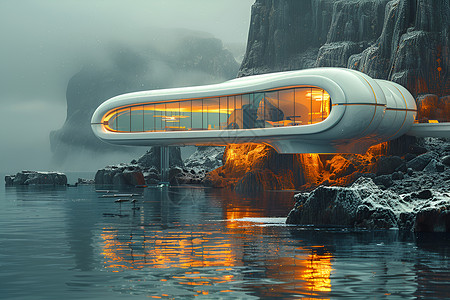 湖泊上的未来感建筑背景图片