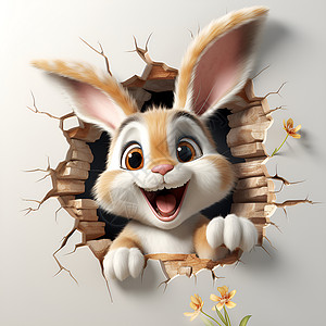 墙上卡通可爱的兔子从墙上冒出来插画