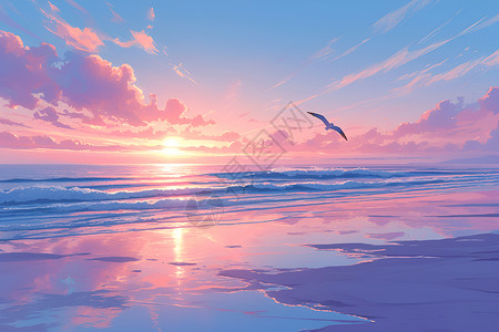 海洋海鸥日出的宁静插画