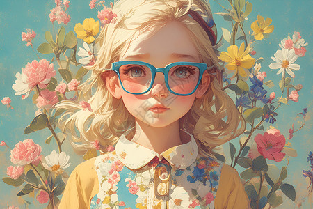 心型眼镜小女孩小女孩和花插画