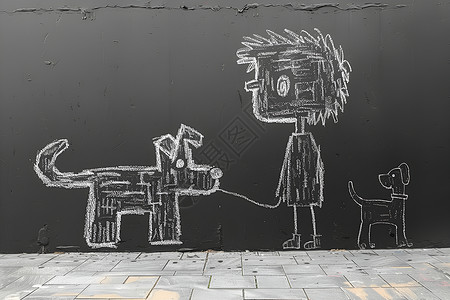 黑板上绘画的男孩和小狗背景图片