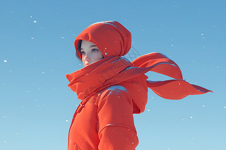 冬季女性蓝天下的红衣女子插画