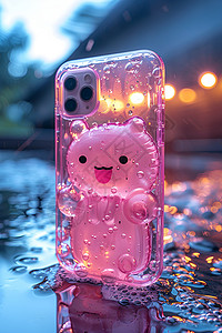 精美水泡泡水洼里的粉色手机壳插画