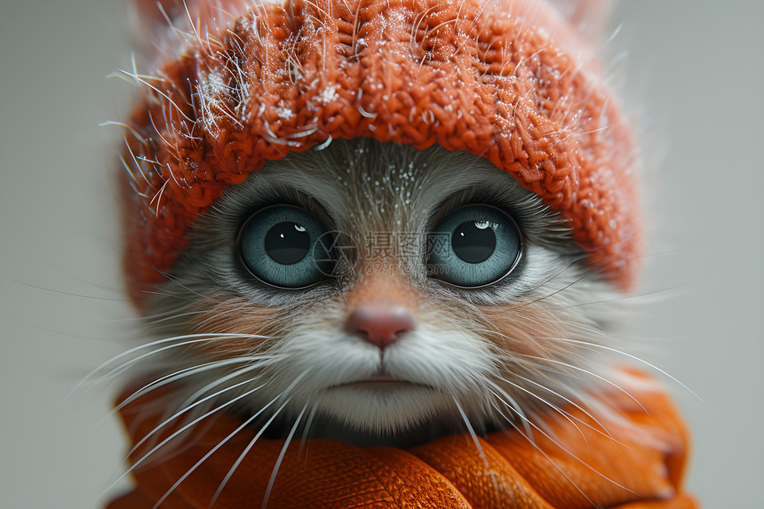 可爱的小猫咪戴着橙色帽子图片