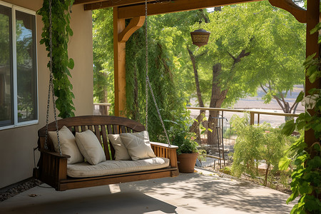 竹制吊椅夏日幽静的院子背景
