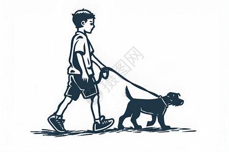 男孩牵着一只狗黑高清图片