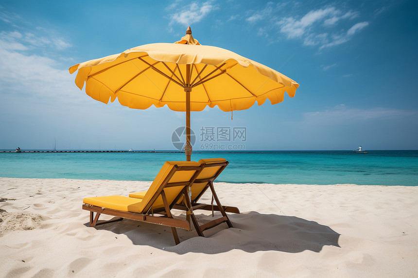 海滩上的遮阳伞和躺椅图片