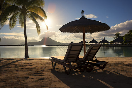 沙滩上的休息躺椅背景图片