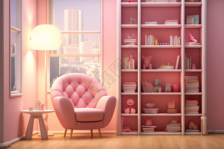 粉色沙发房间内的书架和沙发插画