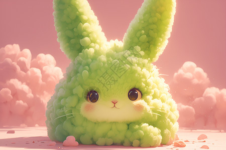 绒花糖粉色背景的糖棉兔插画