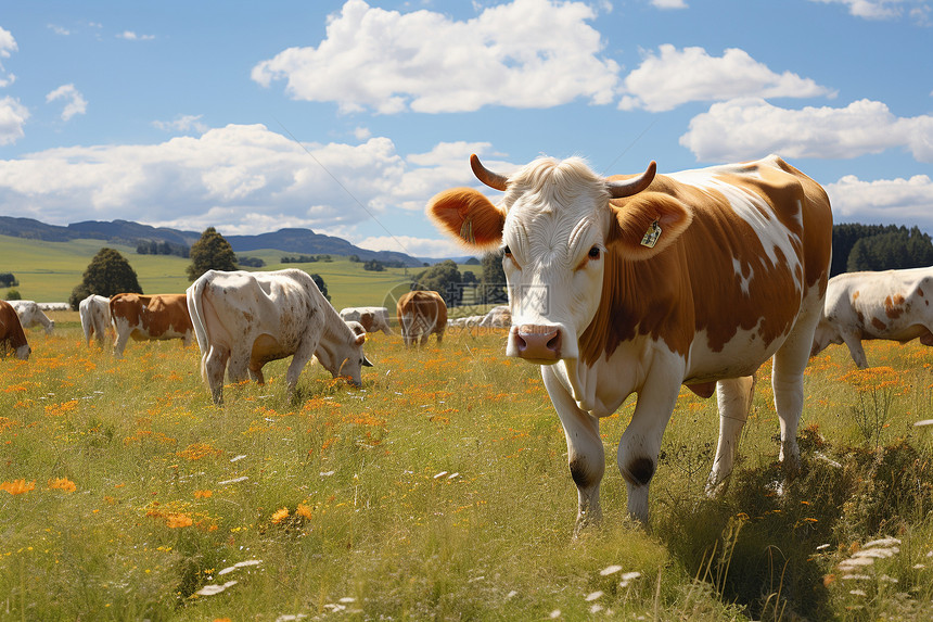 牛群在绿草如茵的花草田野图片