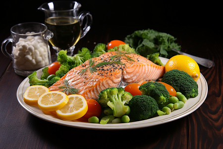 香煎三文鱼与蔬菜背景图片