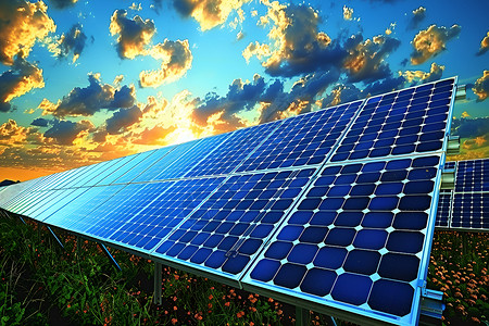 黄昏下的太阳能电池板背景图片