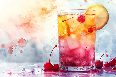 水果汁喷溅美味的樱桃饮料插画