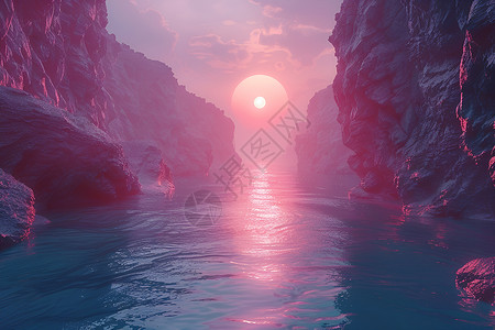 夕阳下的水山相伴背景图片